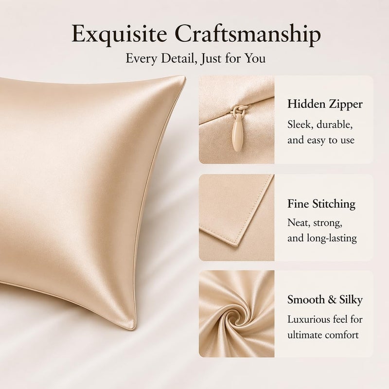 ROSEWARD Beige Silk Pillow Cases with Zipper Made in USA, Real Silk Pillowcase for Acne Prone Skin Standard Size, 6A Grade Pure 22 Momme Mulberry Silk Pillow Cover (Standard, Beige) - Image 4