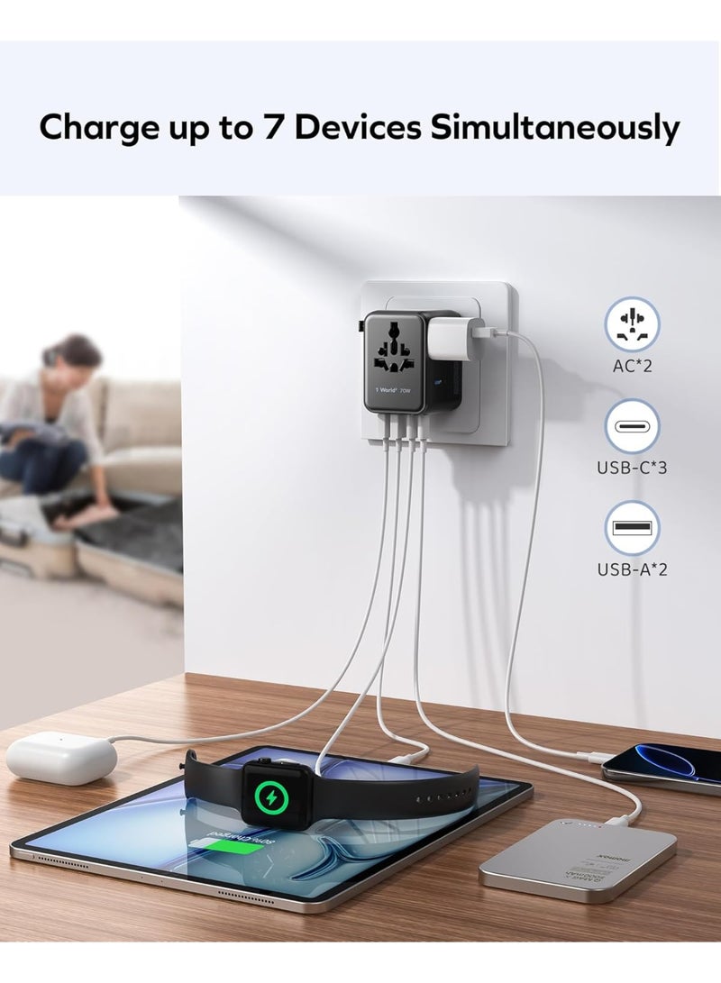 Momax Universal International Power Travel Plug Adapter, GaN 70W International Power Adapter, 2 AC, 3 USB-C PD Fast Charging & 2 USB-A QC, All-in-one International Plug Adapter for Travel European UK AUS JP - Image 5