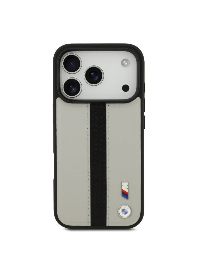 BMW iPhone 17 Pro Cover PU Leather Case / With Perforated Stripes & Metal Logos - Image 1