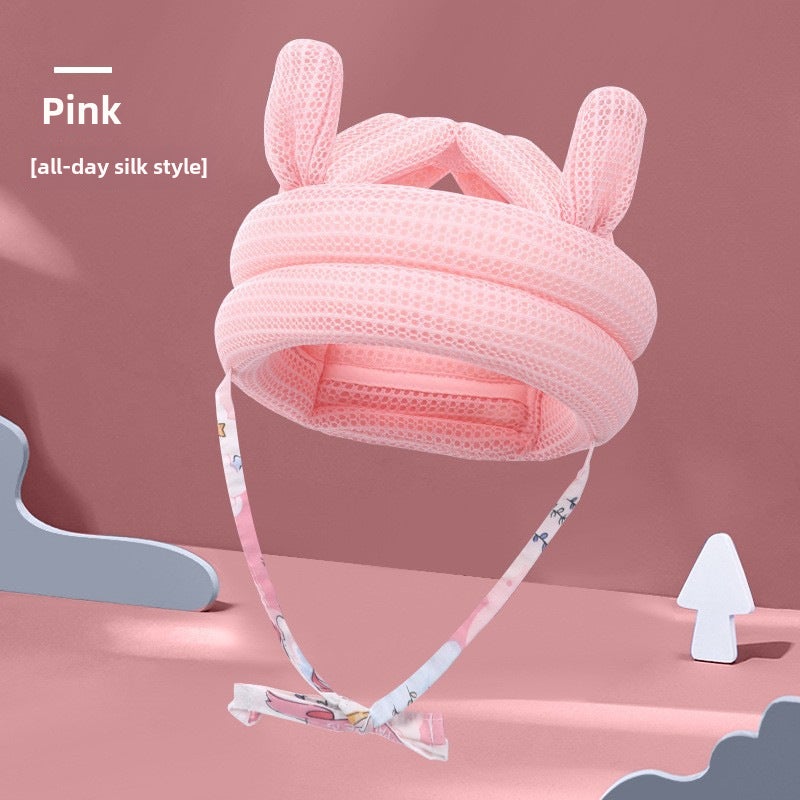 Baby Toddler Learning Safety Helmet Pink anti-fall cap (rabbit ear pure tencel breathable