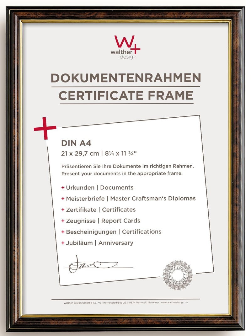 walther Design Picture Frame Walnut 21 x 297 cm DIN A4 with Gold Inner Edge Smell Design Frame JD130N