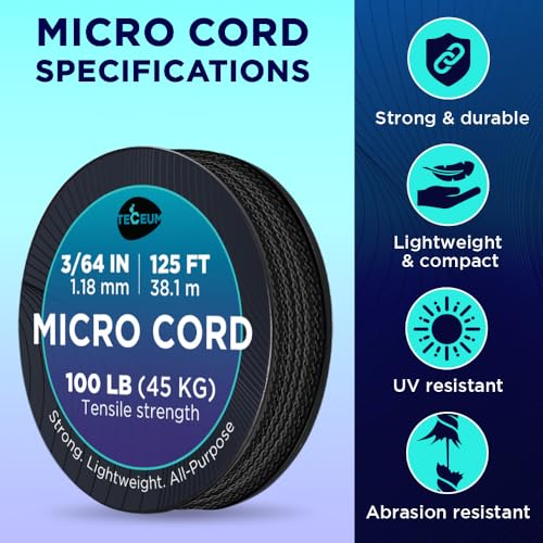 TECEUM Micro Paracord – Black – 1.18 mm x 125 ft – Micro Utility Cord – Thin Braided Paracord Rope Nylon Polyester – Wind Chime Replacement – Survival Strong String 016c - Image 4