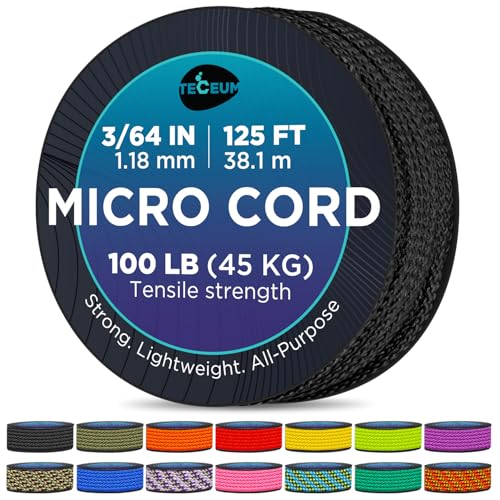 TECEUM Micro Paracord – Black – 1.18 mm x 125 ft – Micro Utility Cord – Thin Braided Paracord Rope Nylon Polyester – Wind Chime Replacement – Survival Strong String 016c - Image 1