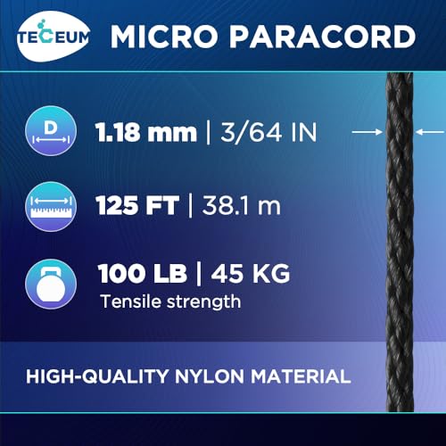 TECEUM Micro Paracord – Black – 1.18 mm x 125 ft – Micro Utility Cord – Thin Braided Paracord Rope Nylon Polyester – Wind Chime Replacement – Survival Strong String 016c - Image 2