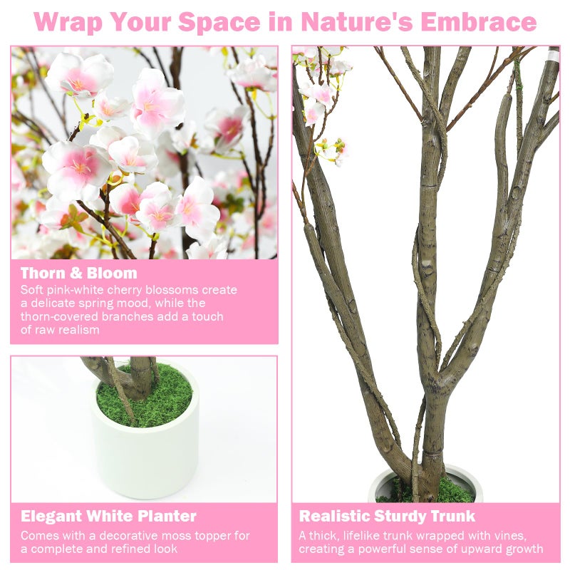 Caxchiling 6FT Cherry Bloosom Tree for Indoor Outdoor, Artificial Pink Tree with White Pot and Moss Topper, Faux Large Floor Plants for Home Office Living Room Bedroom Doorway Hallway Decor - Image 5