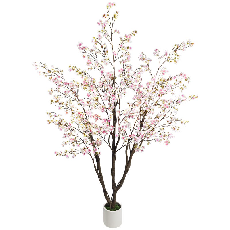Caxchiling 6FT Cherry Bloosom Tree for Indoor Outdoor, Artificial Pink Tree with White Pot and Moss Topper, Faux Large Floor Plants for Home Office Living Room Bedroom Doorway Hallway Decor - Image 1