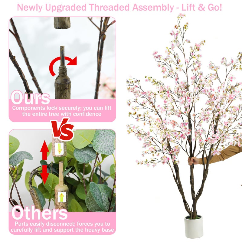 Caxchiling 6FT Cherry Bloosom Tree for Indoor Outdoor, Artificial Pink Tree with White Pot and Moss Topper, Faux Large Floor Plants for Home Office Living Room Bedroom Doorway Hallway Decor - Image 4