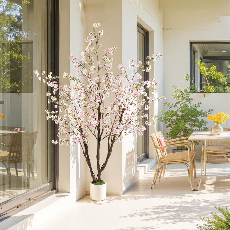 Caxchiling 6FT Cherry Bloosom Tree for Indoor Outdoor, Artificial Pink Tree with White Pot and Moss Topper, Faux Large Floor Plants for Home Office Living Room Bedroom Doorway Hallway Decor - Image 2