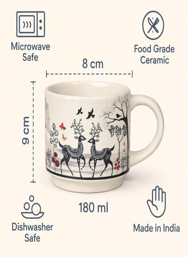 KITTENS Ceramic Tea Cups Set of 4 (180 ml) – Glossy White Cups with Black Folk Art Print – Handcrafted Coffee & Tea Cups – Microwave & Dishwasher Safe – Made in India - Image 4