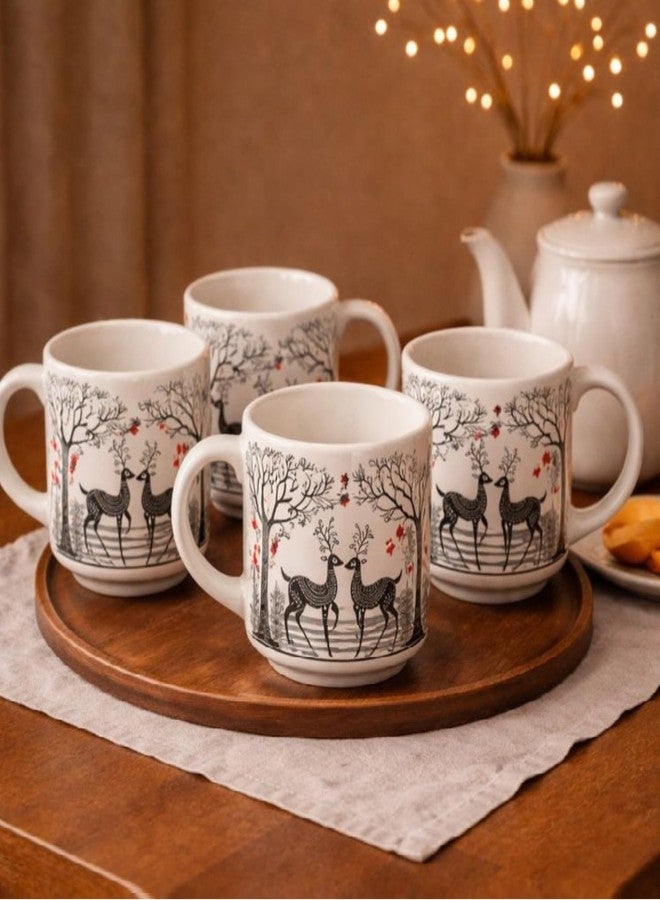 KITTENS Ceramic Tea Cups Set of 4 (180 ml) – Glossy White Cups with Black Folk Art Print – Handcrafted Coffee & Tea Cups – Microwave & Dishwasher Safe – Made in India - Image 1