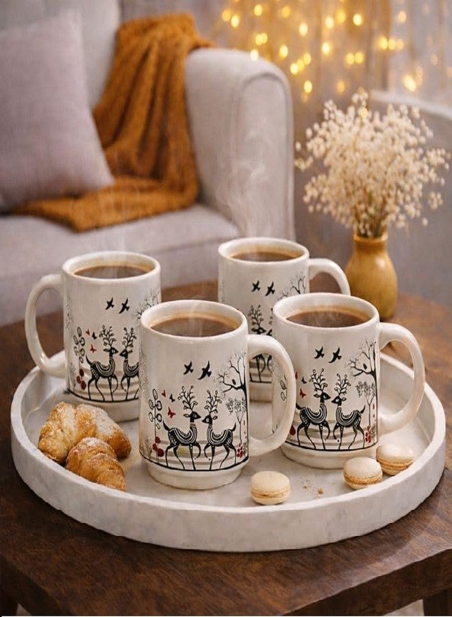KITTENS Ceramic Tea Cups Set of 4 (180 ml) – Glossy White Cups with Black Folk Art Print – Handcrafted Coffee & Tea Cups – Microwave & Dishwasher Safe – Made in India - Image 2