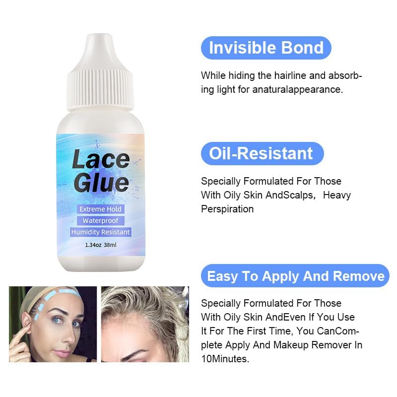 Wig Glue for Front Lace, Remover Set, Invisible Strong Bonding, Easy to Apply Fast Drying, Solvent, Application Brush - Image 3