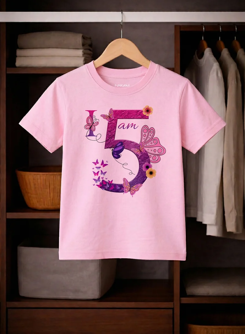 Funkaar Funkaar Birthday Girl, 5th Year Butterfly Birthday Graphic Print T-Shirt