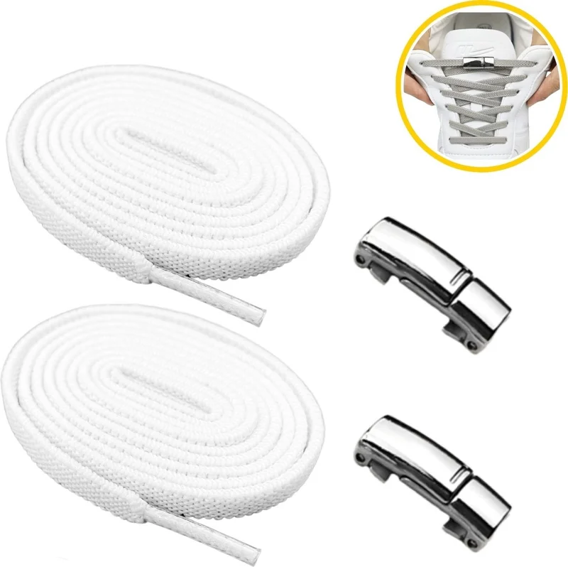 Neystore 2 Pairs - Stainless Metal, Magnetic, Elastic, Attach-Release Smart Shoelaces (1 Pair Black Lace + 1 Pair White Lace)