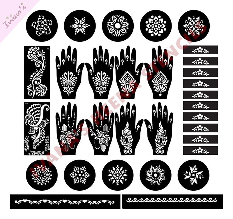 ivana's مجموعة إيفانا المكونة من 32 قطعة حزمة كومبو حناء قابلة لإعادة الاستخدام لوشم الحناء قوالب للنساء والفتيات والأطفال سهلة الاستخدام في 4 خطوات مجموعة تصميم هندي C2262 - Image 1