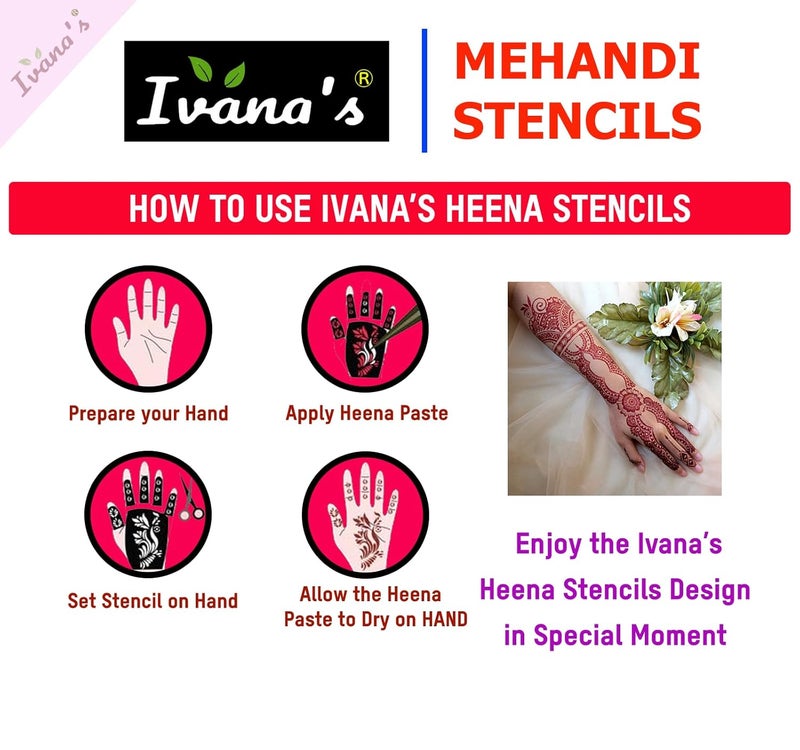 ivana's مجموعة إيفانا المكونة من 32 قطعة حزمة كومبو حناء قابلة لإعادة الاستخدام لوشم الحناء قوالب للنساء والفتيات والأطفال سهلة الاستخدام في 4 خطوات مجموعة تصميم هندي C2262 - Image 5