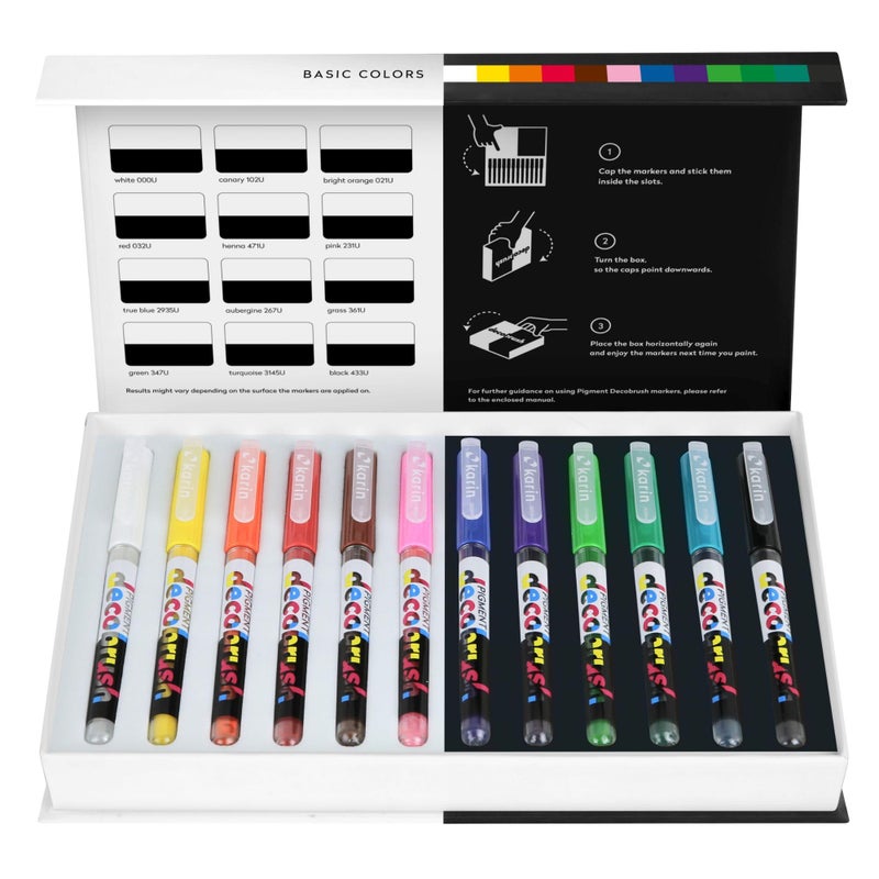 Karin Pigment Decobrush Acrylic Paint Markers, 12 Basic Colors Collection, Brush Tip, Acrylic Markers Set, Opaque, Lightfast & Waterproof Paint Pens for Wood, Fabric, Canvas, Rock Painting and More - Image 1