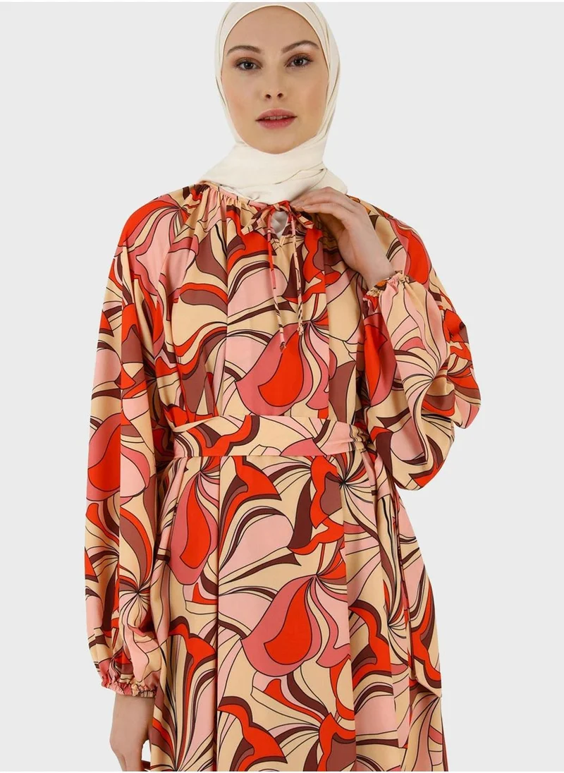 Refka by modanisa Floral Print Balloon Sleeve Dress
