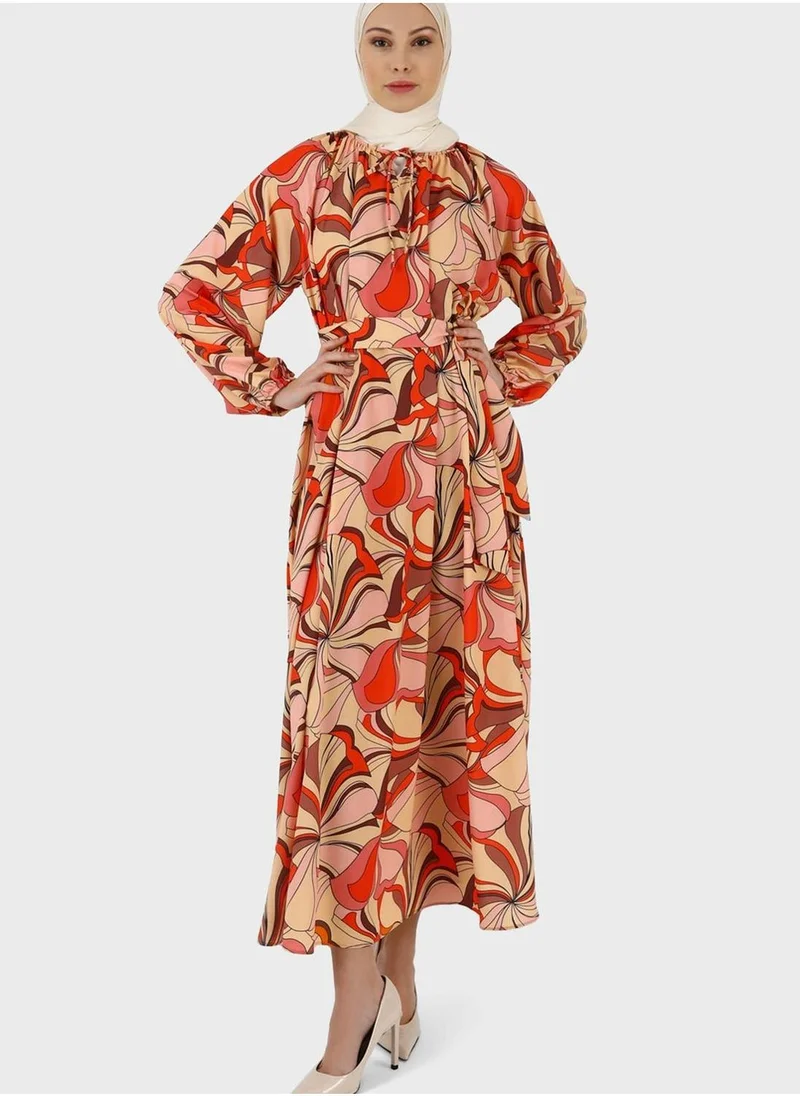 Refka by modanisa Floral Print Balloon Sleeve Dress