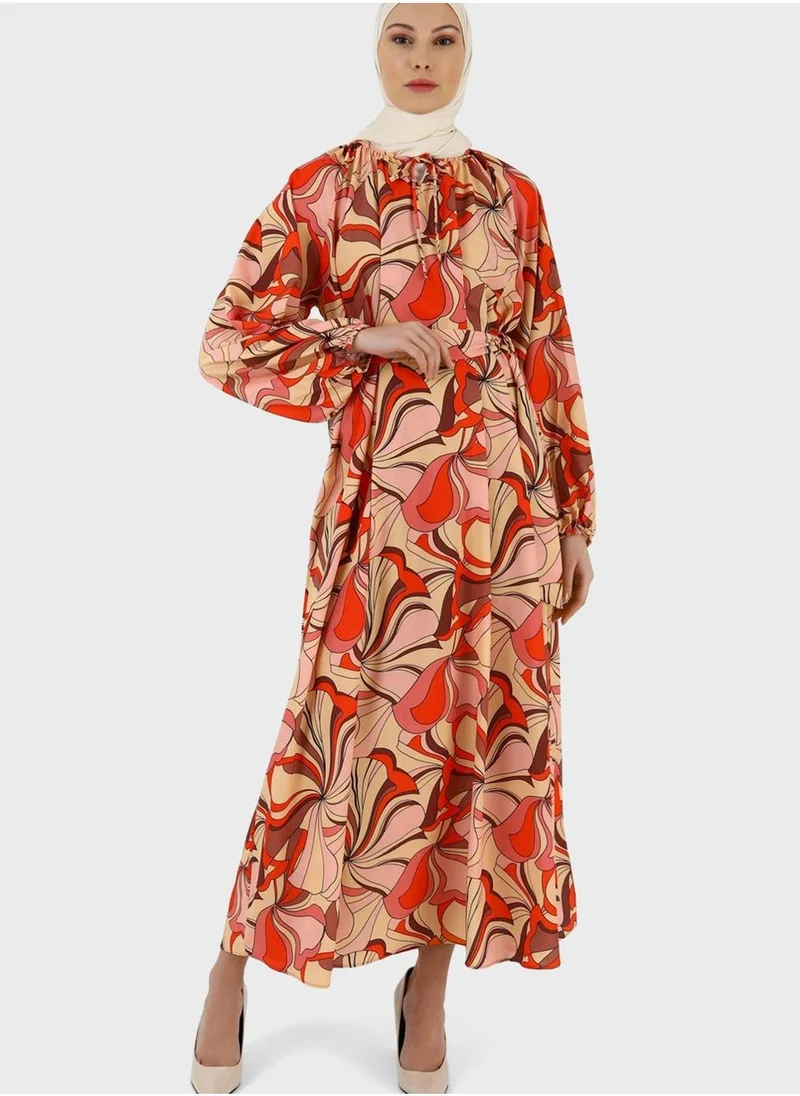 Refka by modanisa Floral Print Balloon Sleeve Dress
