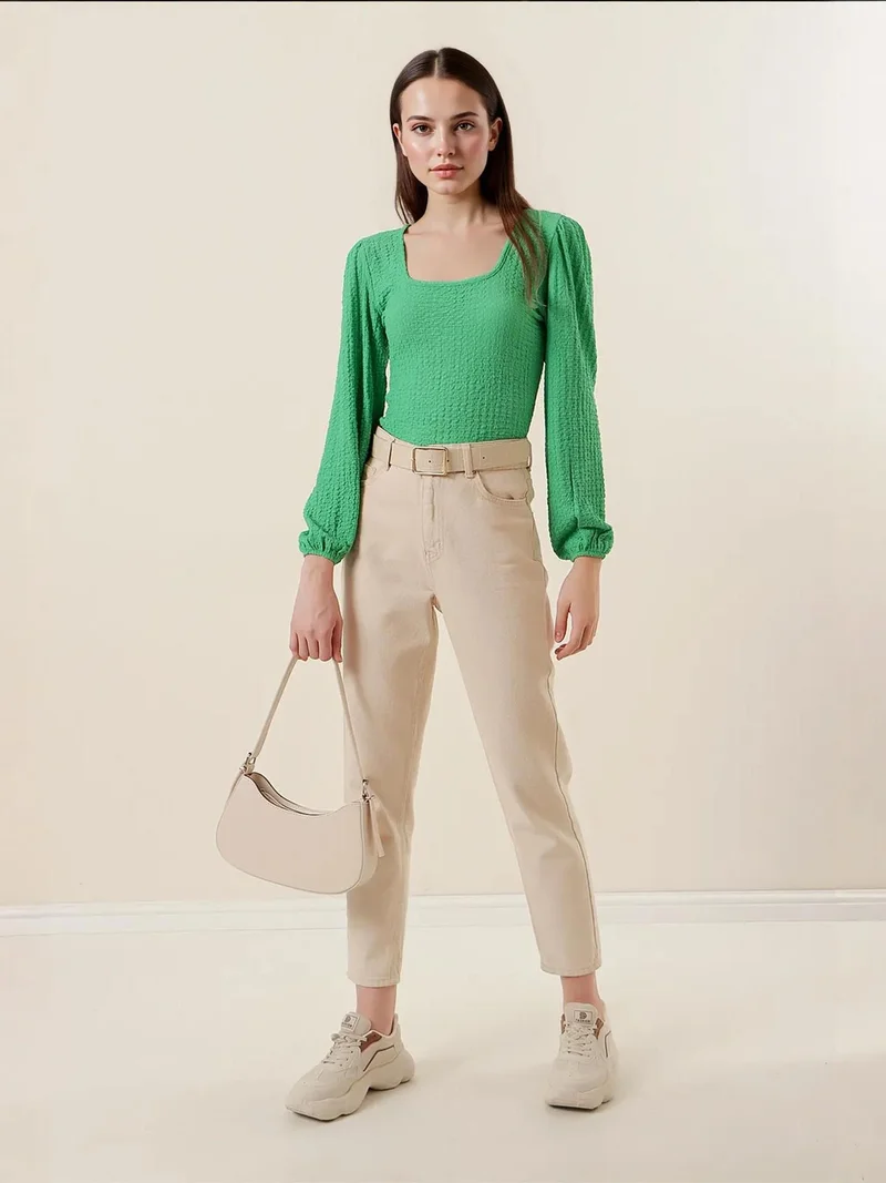 BIG DART BDART Textured Square Collar Long Sleeve Blouse