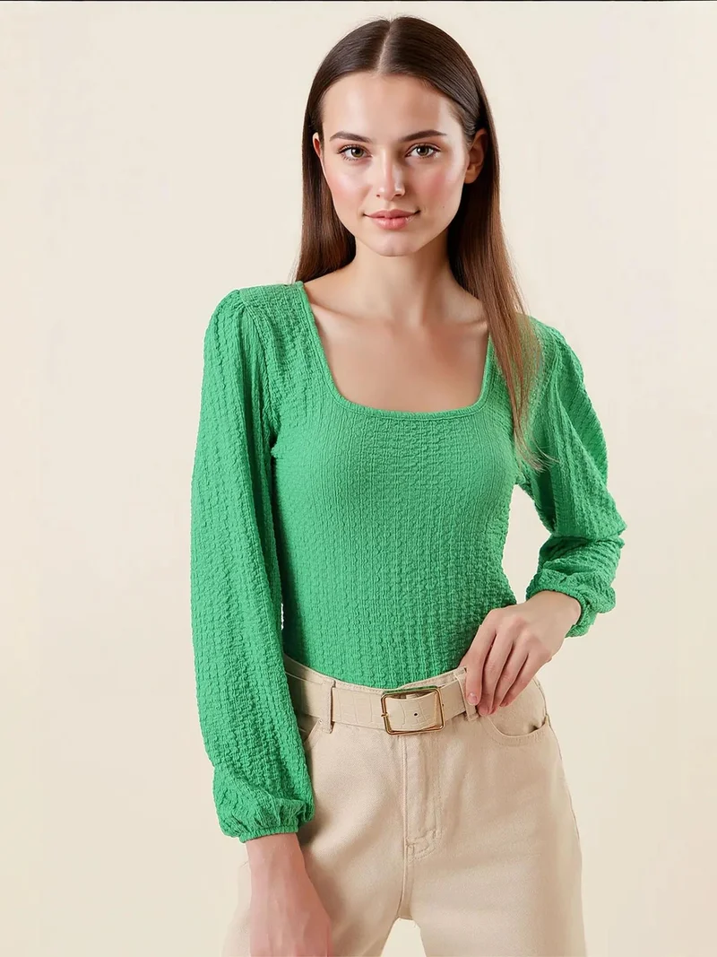 BIG DART BDART Textured Square Collar Long Sleeve Blouse
