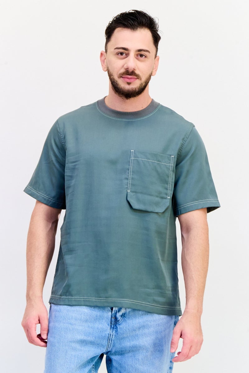 SELECTED Men Crew Neck Short Sleeve Plain T-Shirt, Sage Green - Image 1