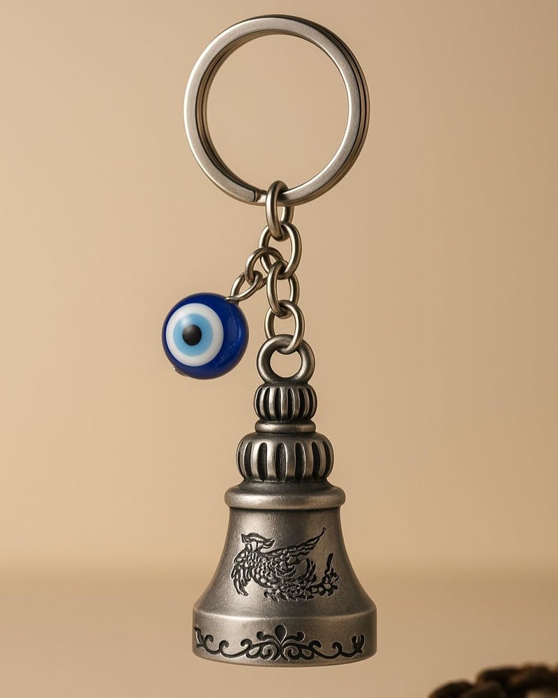 Tiny Tim Store Guardian Bell with Evil Eye Charm – Protective Motorcycle & Car Accessory – Tibetan-Inspired Design – Wards Off Negative Energy – Ideal Gift for Bikers & Travelers - Image 1