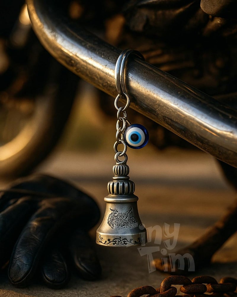 Tiny Tim Store Guardian Bell with Evil Eye Charm – Protective Motorcycle & Car Accessory – Tibetan-Inspired Design – Wards Off Negative Energy – Ideal Gift for Bikers & Travelers - Image 3