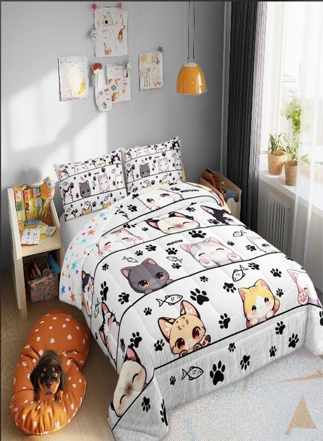 Man Fei Manfei Cute Cat Boys Kids Comforter Set Full Size,Kawaii Animals Cartoon Style Duvet Set Room Decor,Cartoon Kitten Kitty Cat Brushed Microfiber Soft Bedding Comforter - Image 2
