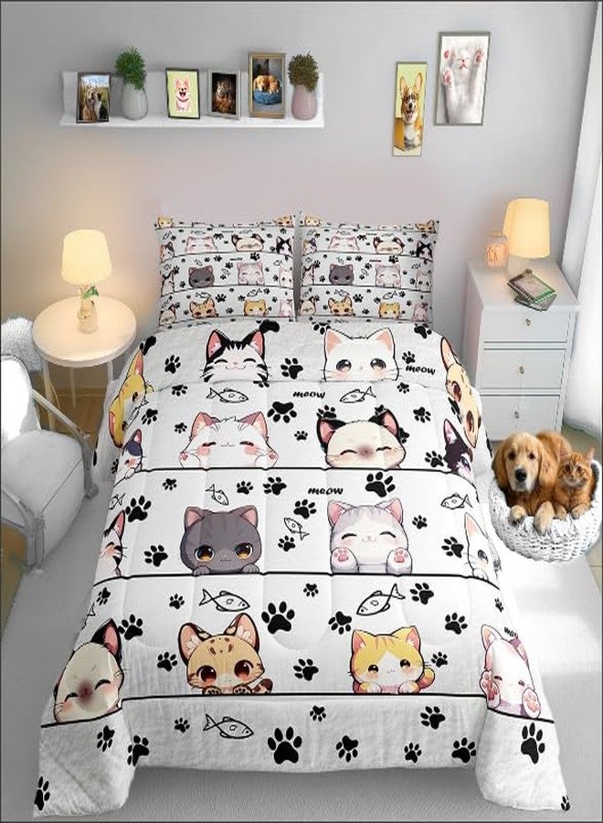 Man Fei Manfei Cute Cat Boys Kids Comforter Set Full Size,Kawaii Animals Cartoon Style Duvet Set Room Decor,Cartoon Kitten Kitty Cat Brushed Microfiber Soft Bedding Comforter - Image 1