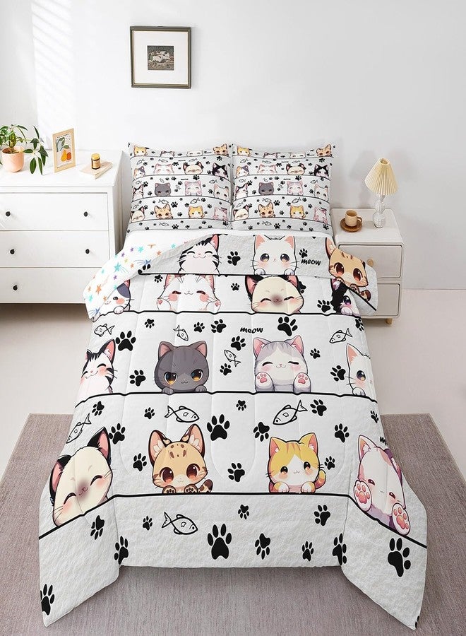 Man Fei Manfei Cute Cat Boys Kids Comforter Set Full Size,Kawaii Animals Cartoon Style Duvet Set Room Decor,Cartoon Kitten Kitty Cat Brushed Microfiber Soft Bedding Comforter - Image 3