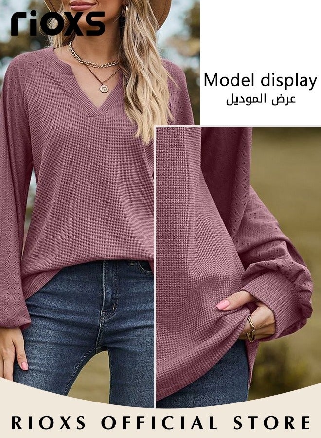 RIOXS Women's V-neck Long Sleeve T-Shirt, Loose Fit Knitted Pullover Shirt, Comfy Lightweight Lantern Sleeve Jacquard Tops, Trendy  Spring Fall Soft Solid Color Outfits for Daily, Office, Outdoor, Party, Shopping and More - Image 5