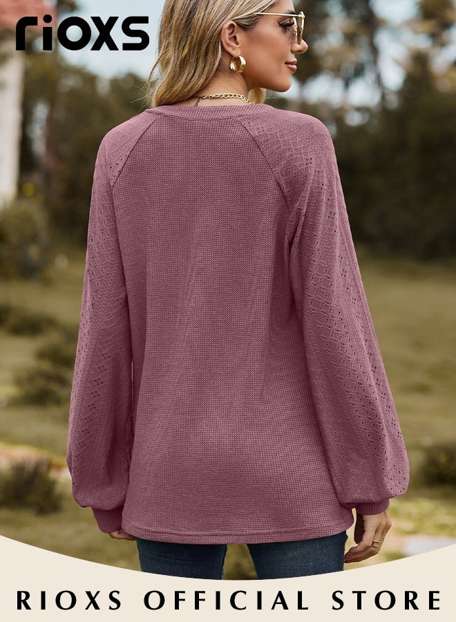 RIOXS Women's V-neck Long Sleeve T-Shirt, Loose Fit Knitted Pullover Shirt, Comfy Lightweight Lantern Sleeve Jacquard Tops, Trendy  Spring Fall Soft Solid Color Outfits for Daily, Office, Outdoor, Party, Shopping and More - Image 2