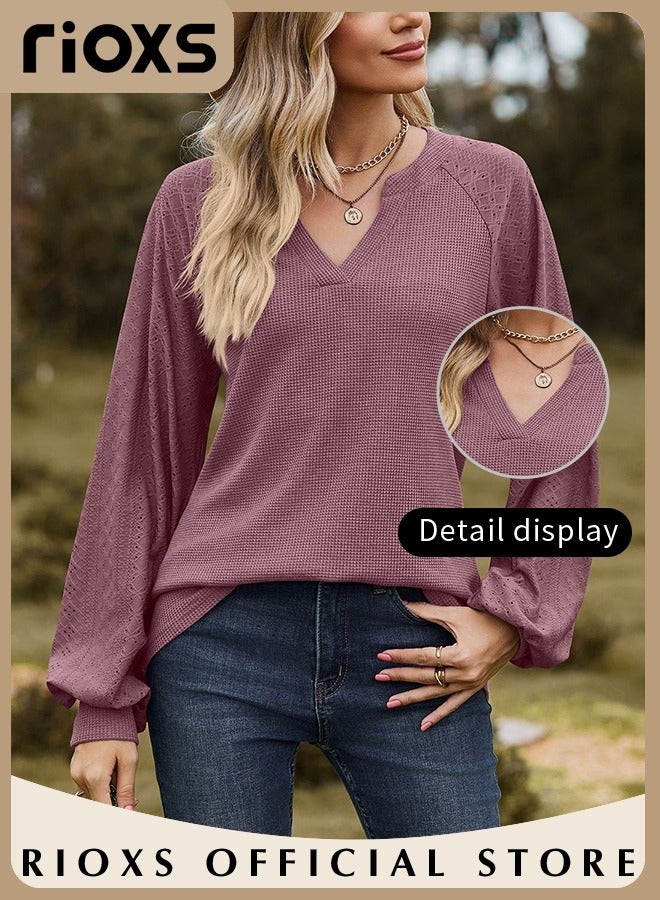 RIOXS Women's V-neck Long Sleeve T-Shirt, Loose Fit Knitted Pullover Shirt, Comfy Lightweight Lantern Sleeve Jacquard Tops, Trendy  Spring Fall Soft Solid Color Outfits for Daily, Office, Outdoor, Party, Shopping and More - Image 4