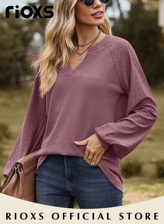 RIOXS Women's V-neck Long Sleeve T-Shirt, Loose Fit Knitted Pullover Shirt, Comfy Lightweight Lantern Sleeve Jacquard Tops, Trendy  Spring Fall Soft Solid Color Outfits for Daily, Office, Outdoor, Party, Shopping and More - Image 3