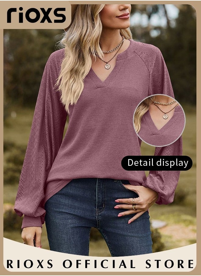 RIOXS - Women's V-neck Long Sleeve Shirt Knitted Loose Sleeves Fitted Solid Color Jacquard Tops Hoodie Soft and Comfortable Pullover Shirt - Image 1