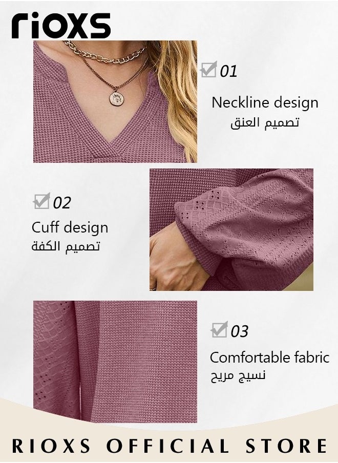 RIOXS - Women's V-neck Long Sleeve Shirt Knitted Loose Sleeves Fitted Solid Color Jacquard Tops Hoodie Soft and Comfortable Pullover Shirt - Image 1