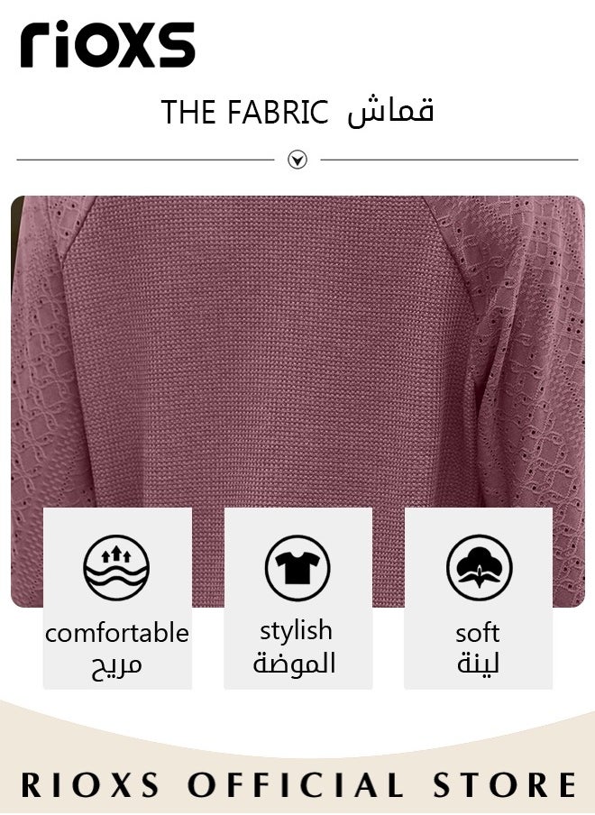 RIOXS - Women's V-neck Long Sleeve Shirt Knitted Loose Sleeves Fitted Solid Color Jacquard Tops Hoodie Soft and Comfortable Pullover Shirt - Image 1