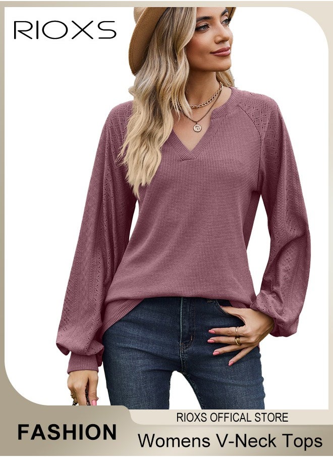 RIOXS - Women's V-neck Long Sleeve Shirt Knitted Loose Sleeves Fitted Solid Color Jacquard Tops Hoodie Soft and Comfortable Pullover Shirt - Image 1