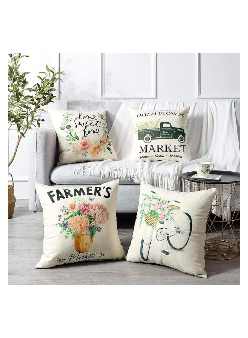 Excefore Decorative Throw Pillow Covers Pack of 4 Waterproof Cushion Covers Perfect to Outdoor Patio Garden Living Room Sofa Farmhouse Decor (18x18 Inches) (Tulip Farm Cycling Flowers) - Image 1