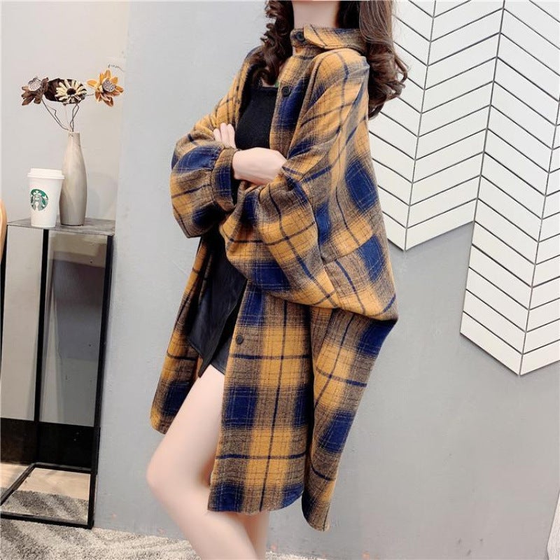 Plaid Shirt Womens Long Coat Trendy ins2024 Spring New Loose Sanding Retro Hong Kong Style Long Sleeve Coat yellow blue long