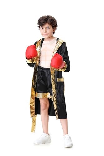 GRAJTCIN Kids Boxing Costume with Hooded Boxer Robe Halloween Costume Boxing Robe Boxing Shorts and Muscle Shirts for Boys Muscle Suit Costume S - Image 1