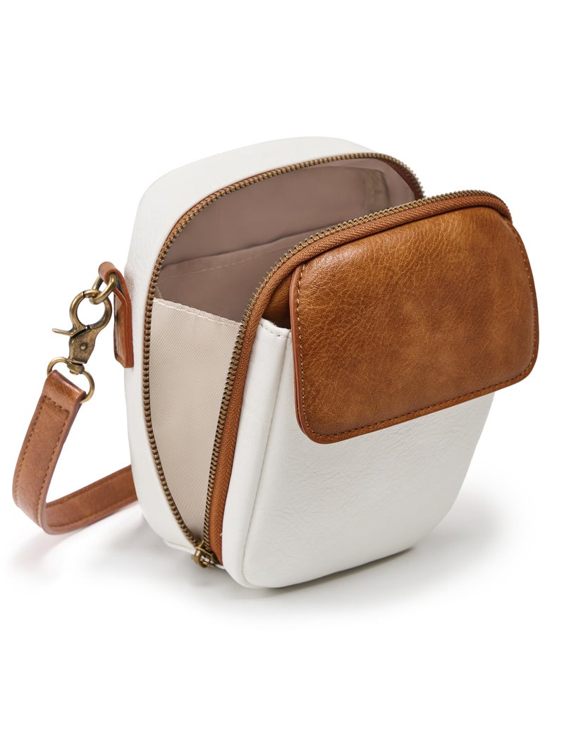 Yarnic Small Crossbody Bag, Vegan Leather Cell Phone Purse for Women, Vintage Wallet Bag with Card Slots (Brown White-leather Strap) - Image 1