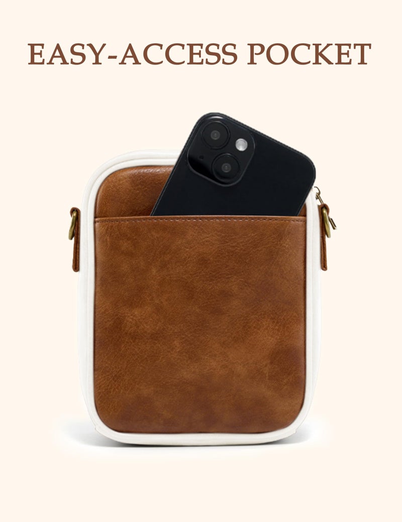 Yarnic Small Crossbody Bag, Vegan Leather Cell Phone Purse for Women, Vintage Wallet Bag with Card Slots (Brown White-leather Strap) - Image 4