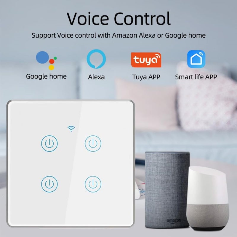 Tichondrius WiFi Smart Wall Light Switch, Metal Border Touch Switches, Glass Panel, No Neutral Wire Required, Remote Control Smart Life/Tuya App, Work with Alexa, Google Home (White Silver, 1 Gang) - Image 4