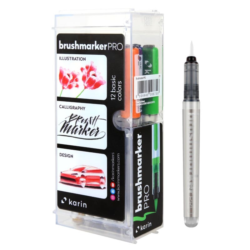 Karin Brushmarker Pro 12pc Basic Colors brush tip markers Set, Blendable, Water-Based, Brush Markers for Adults and Artists, 11 Colors + Colorless Blender, Adult Markers for Coloring Books and more - Image 1