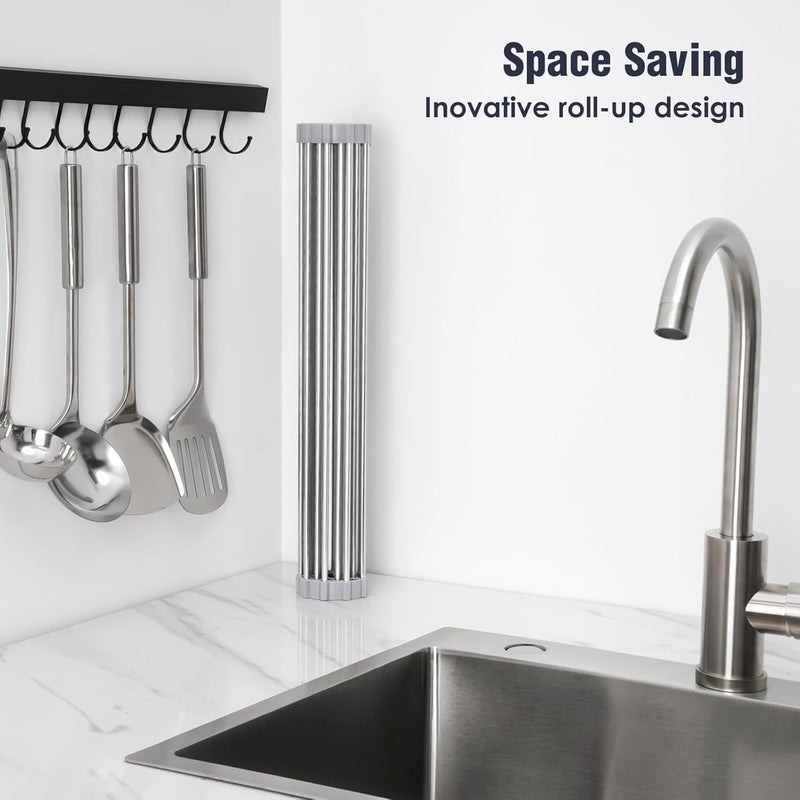 IKTU Over The Sink Dish Drying Rack, Roll Up Dish Drying Rack Kitchen Dish Rack Stainless Steel Sink Drying Rack, Foldable Dish Drainer, Grey - Image 4