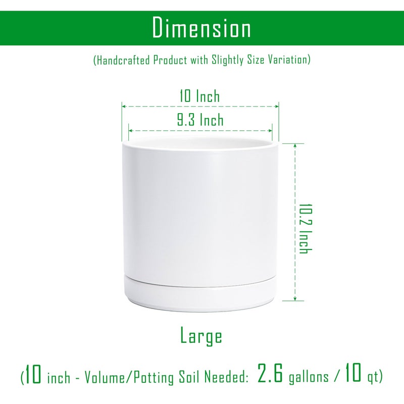 D'vine Dev 10 Inch Ceramic Planter Pot with Drainage Hole and Saucer, Indoor Cylinder Round Planter Pot, White, 94-O-E-1 - Image 3