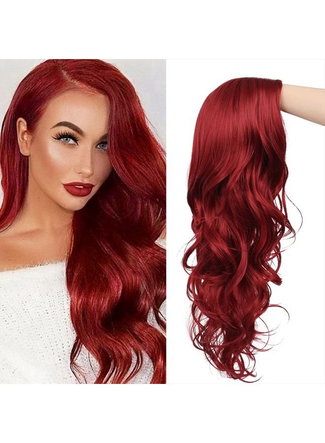 Tseses Red Wigs Long Curly Wavy Wigs for Women Side Part Natural Looking Cosplay Halloween Synthetic Fiber Wig (Red) - Image 1